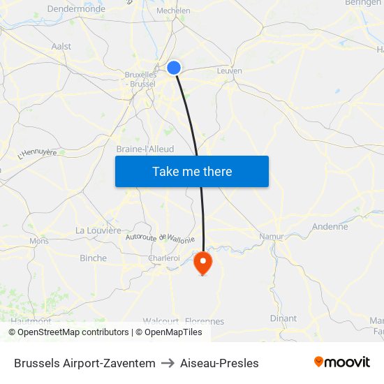Brussels Airport-Zaventem to Aiseau-Presles map