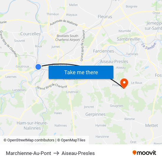 Marchienne-Au-Pont to Aiseau-Presles map