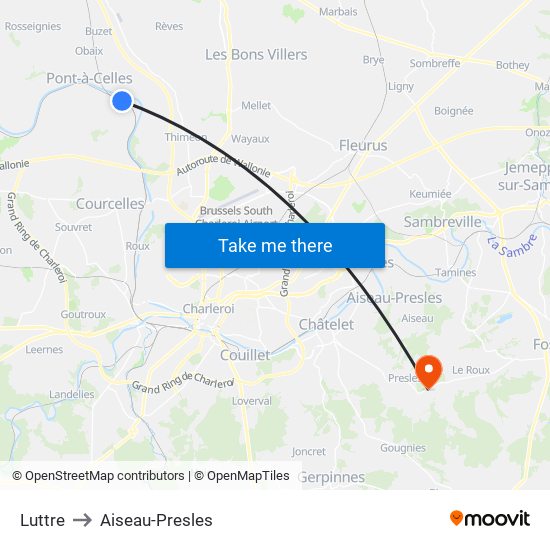Luttre to Aiseau-Presles map