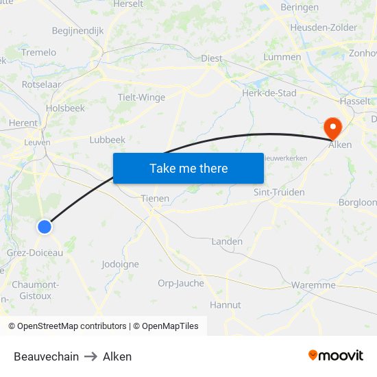 Beauvechain to Alken map