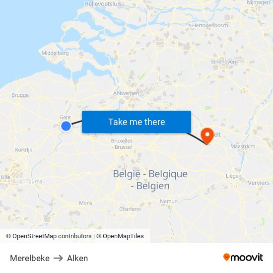 Merelbeke to Alken map