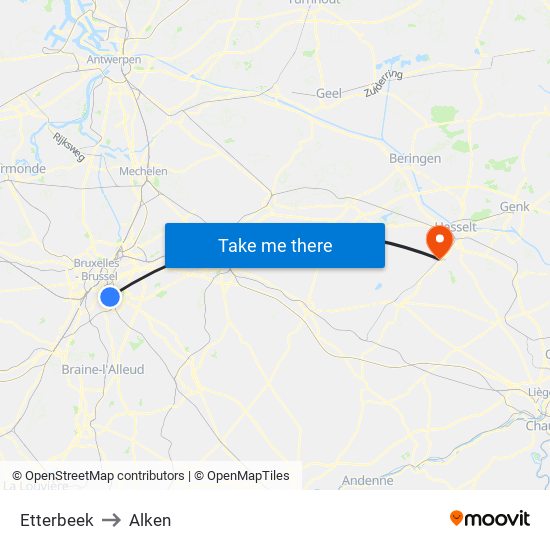 Etterbeek to Alken map