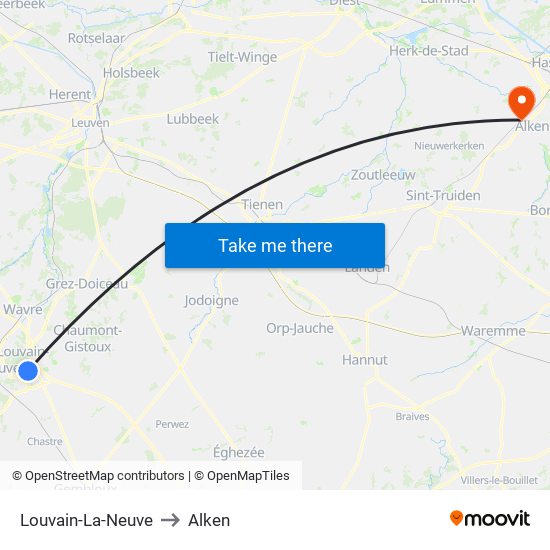 Louvain-La-Neuve to Alken map