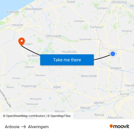 Ardooie to Alveringem map