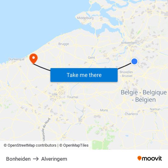 Bonheiden to Alveringem map