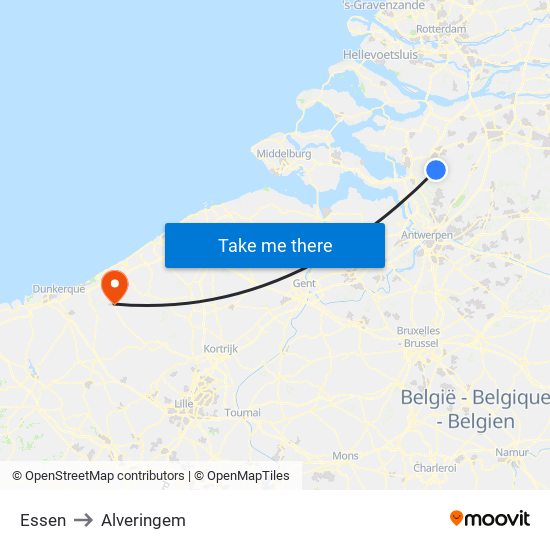 Essen to Alveringem map
