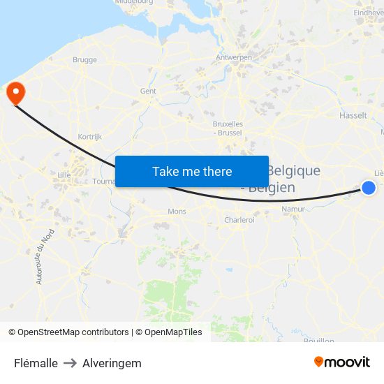Flémalle to Alveringem map
