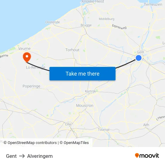 Gent to Alveringem map