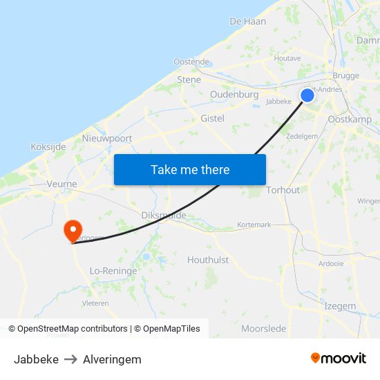 Jabbeke to Alveringem map