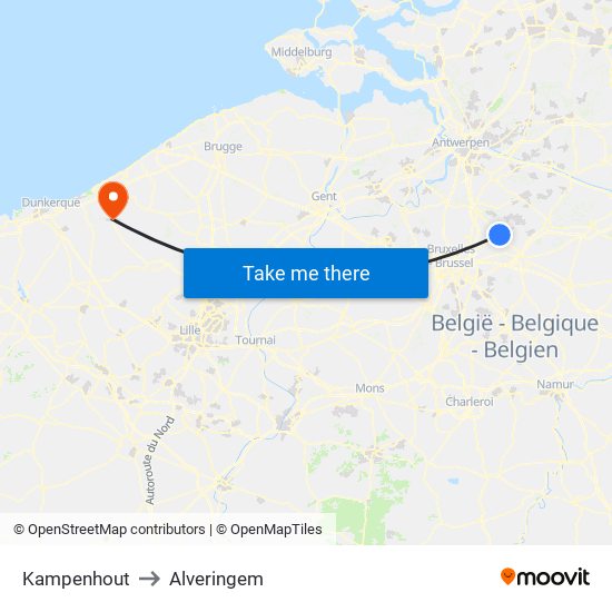 Kampenhout to Alveringem map