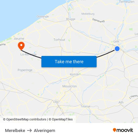 Merelbeke to Alveringem map