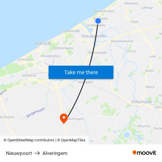 Nieuwpoort to Alveringem map