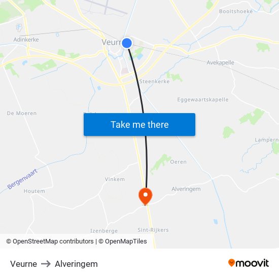 Veurne to Alveringem map
