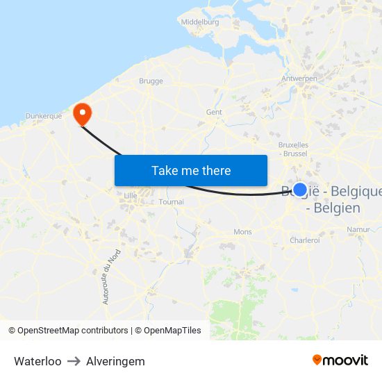 Waterloo to Alveringem map