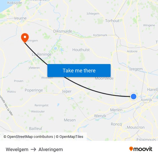 Wevelgem to Alveringem map