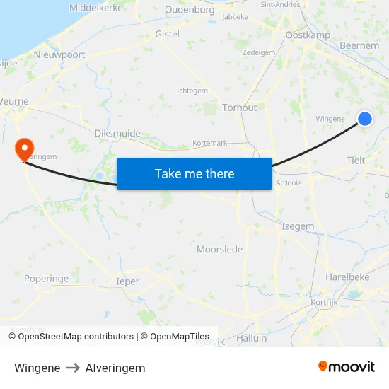 Wingene to Alveringem map