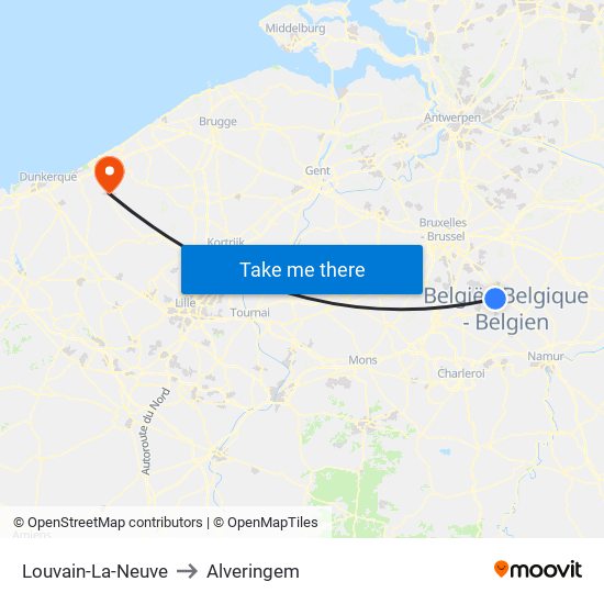 Louvain-La-Neuve to Alveringem map