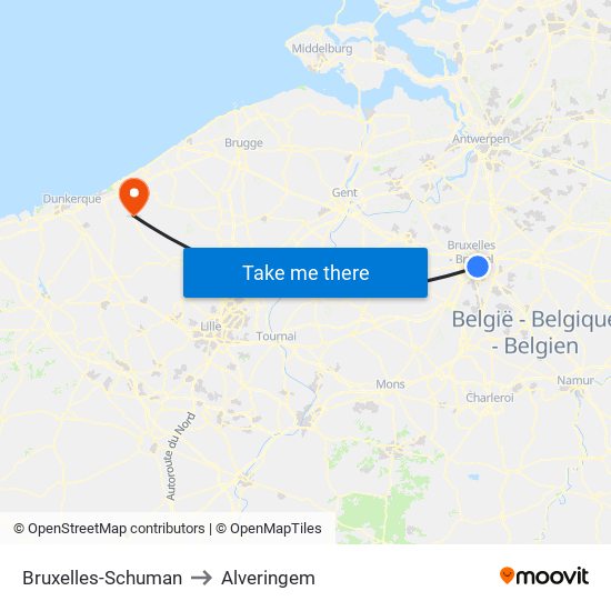 Bruxelles-Schuman to Alveringem map