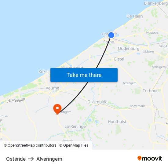 Ostende to Alveringem map
