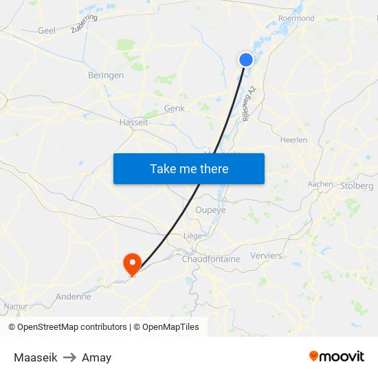 Maaseik to Amay map