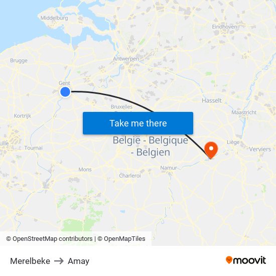 Merelbeke to Amay map