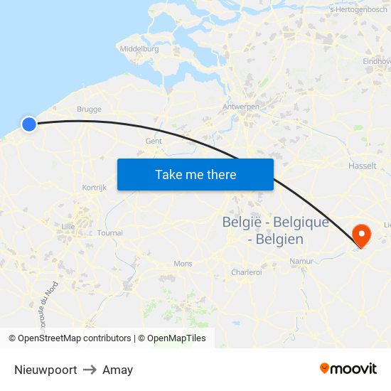 Nieuwpoort to Amay map