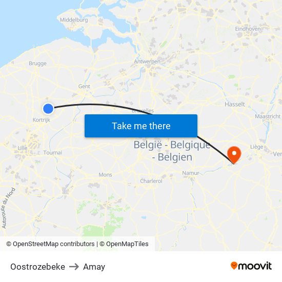 Oostrozebeke to Amay map