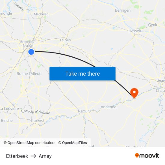Etterbeek to Amay map