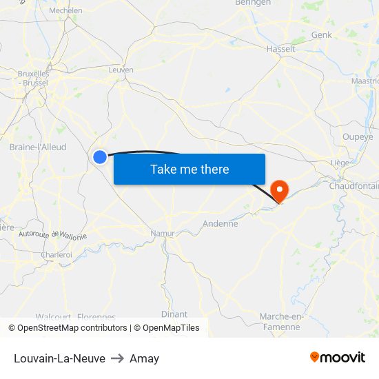 Louvain-La-Neuve to Amay map