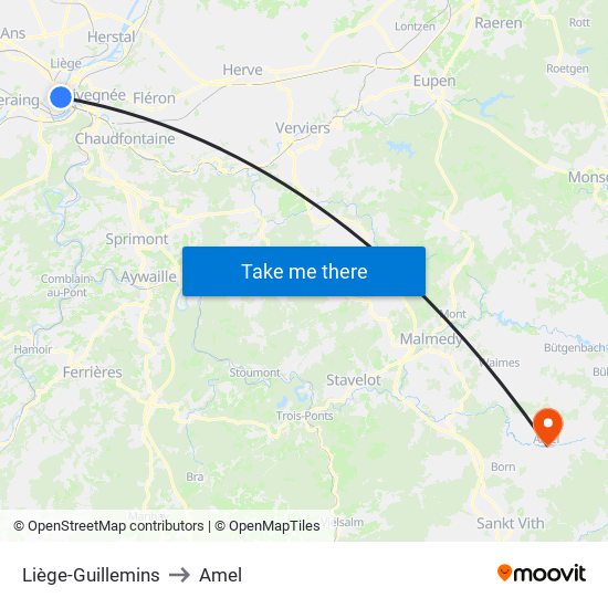 Liège-Guillemins to Amel map