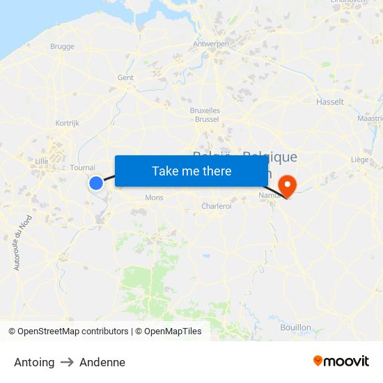 Antoing to Andenne map
