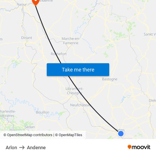 Arlon to Andenne map