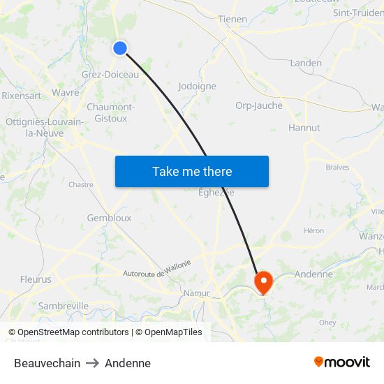 Beauvechain to Andenne map