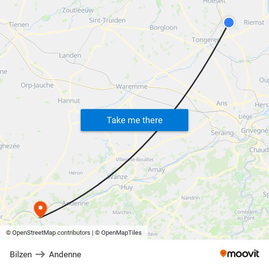 Bilzen to Andenne map