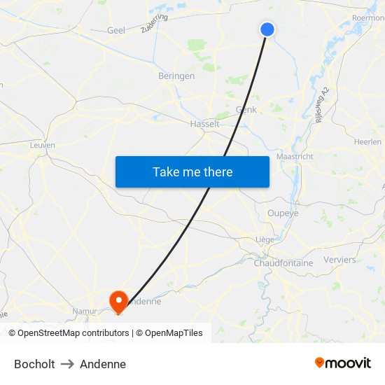 Bocholt to Andenne map