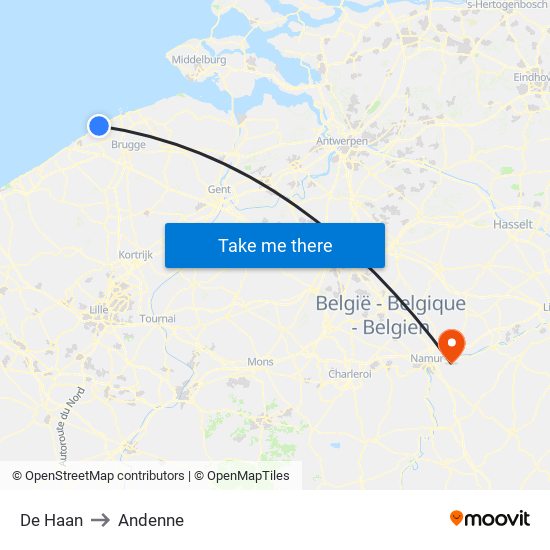 De Haan to Andenne map