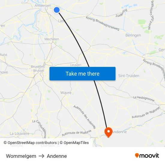 Wommelgem to Andenne map
