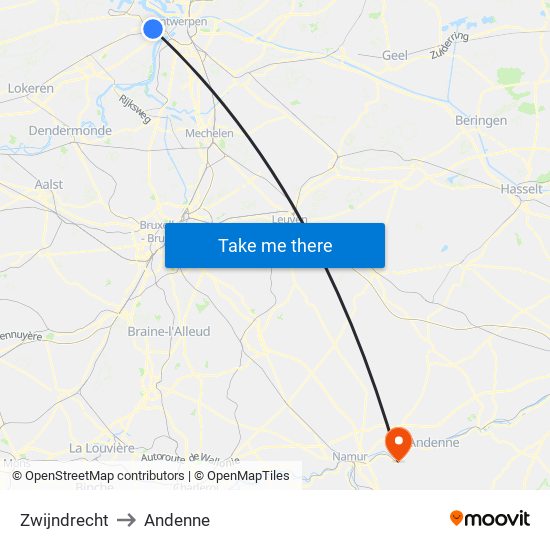 Zwijndrecht to Andenne map