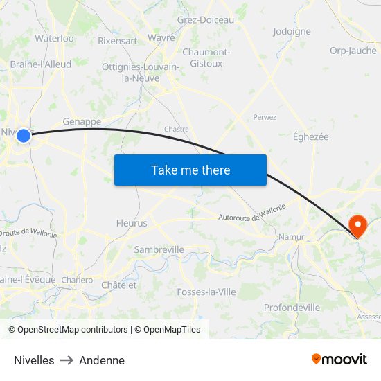 Nivelles to Andenne map