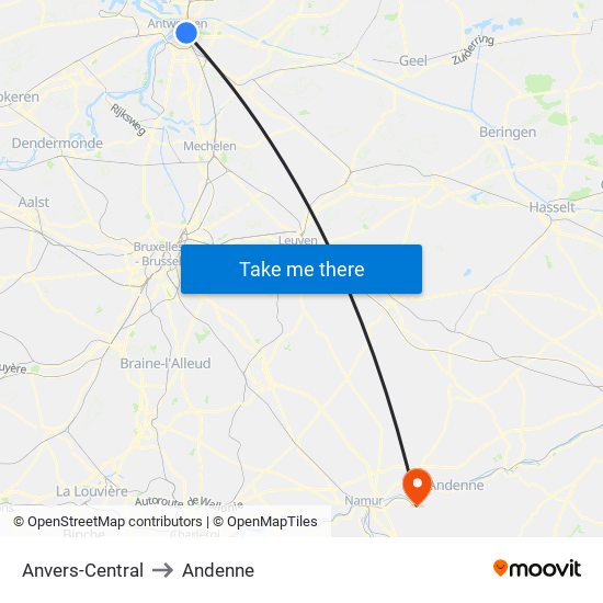 Anvers-Central to Andenne map