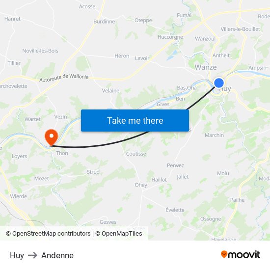 Huy to Andenne map