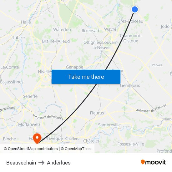 Beauvechain to Anderlues map