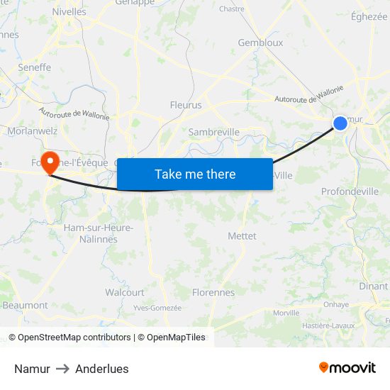 Namur to Anderlues map