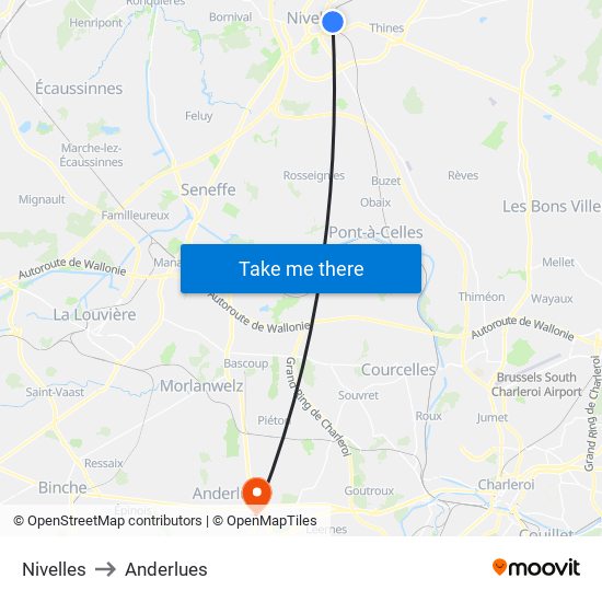 Nivelles to Anderlues map