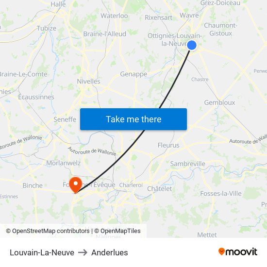 Louvain-La-Neuve to Anderlues map