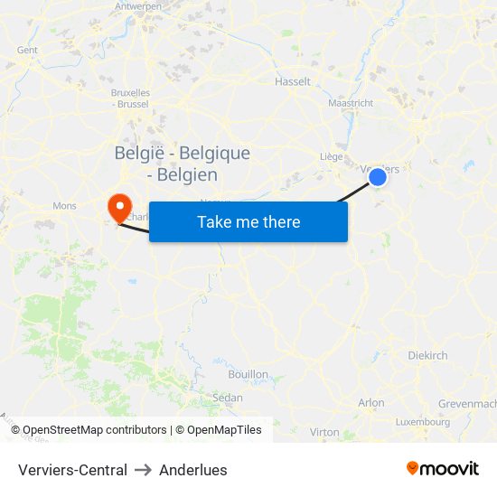 Verviers-Central to Anderlues map