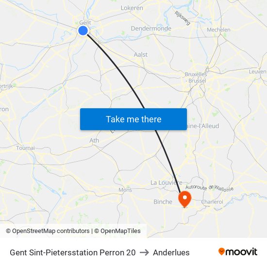 Gent Sint-Pietersstation Perron 20 to Anderlues map