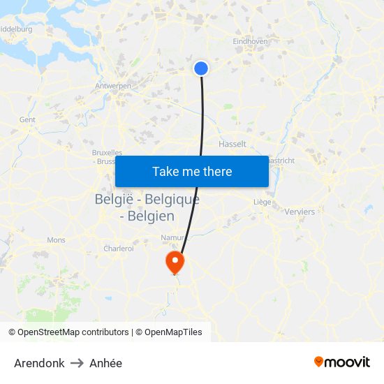 Arendonk to Anhée map