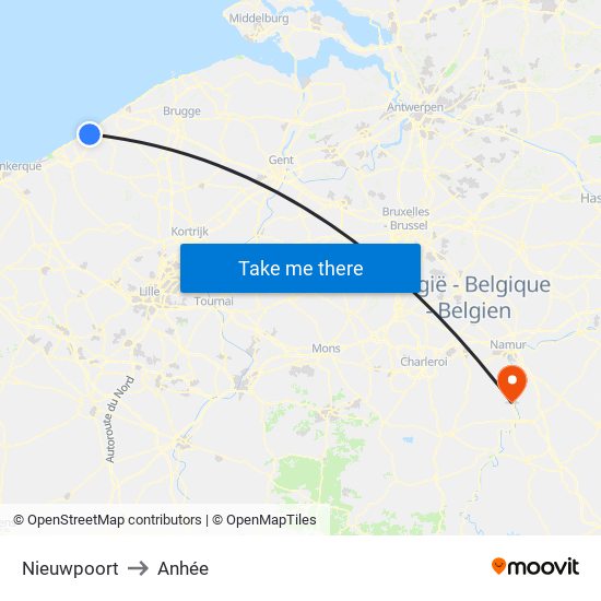Nieuwpoort to Anhée map