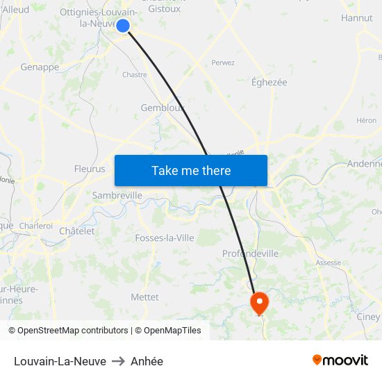 Louvain-La-Neuve to Anhée map
